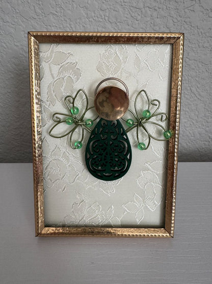 Green, white, silver and gold  Upcycled Guardian Angel, 5" high x 3 1/2" wide