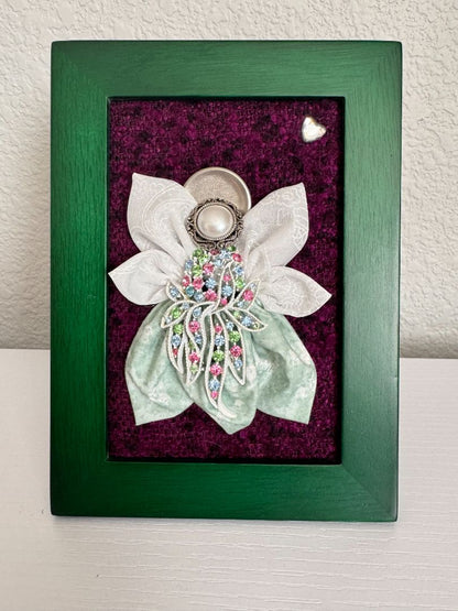 Green, purple, white, silver and pink  Upcycled Guardian Angel, 7 1/2" high x 5 1/2" wide