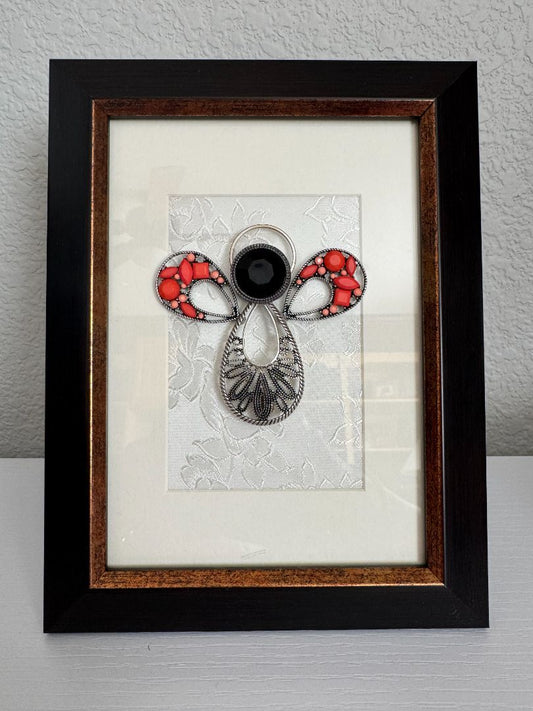 Silver, black, coral and white  Upcycled Guardian Angel, 8 1/2" high x 6 1/2" wide