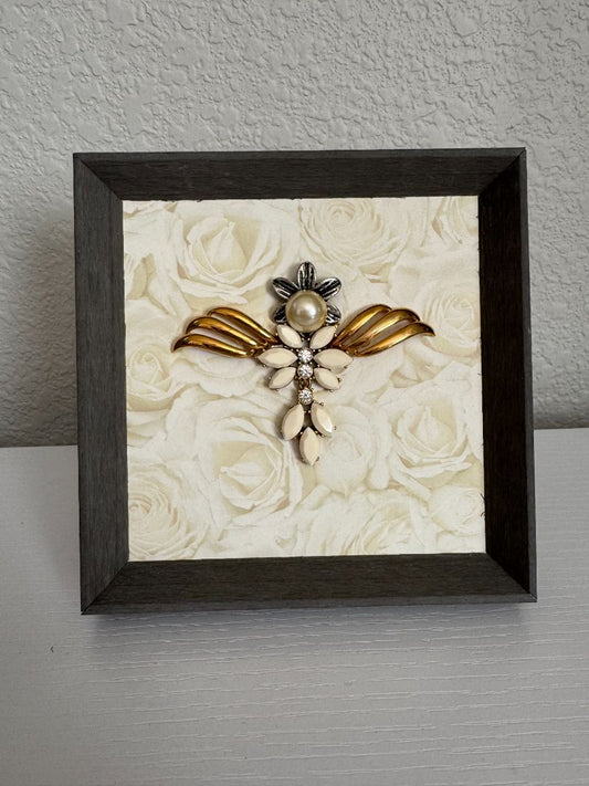 Gray, off white, silver and gold  Upcycled Guardian Angel, 5 1/2" high x 5 1/2" wide
