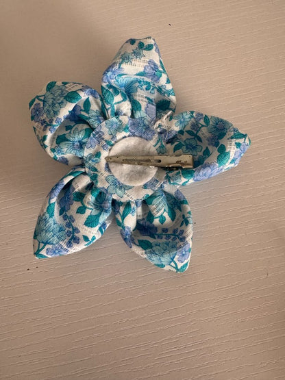 White, light blue and light purple  Upcycled Flower Hair Clip, 4 1/2"