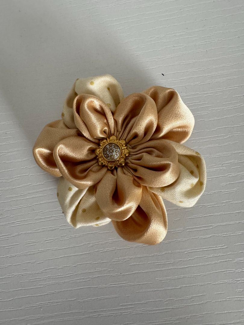 Off white and gold  Upcycled Flower Hair Clip, 2 3/4"