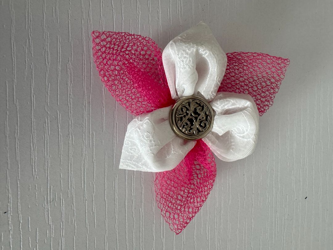 Pink, white and silver  Upcycled Flower Hair Clip, 3 1/2"