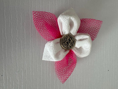 Pink, white and silver  Upcycled Flower Hair Clip, 3 1/2"