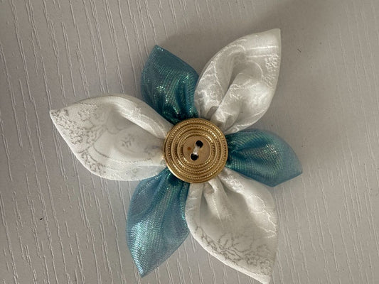 White, light aqua and gold  Upcycled Flower Hair Clip, 3 3/4"