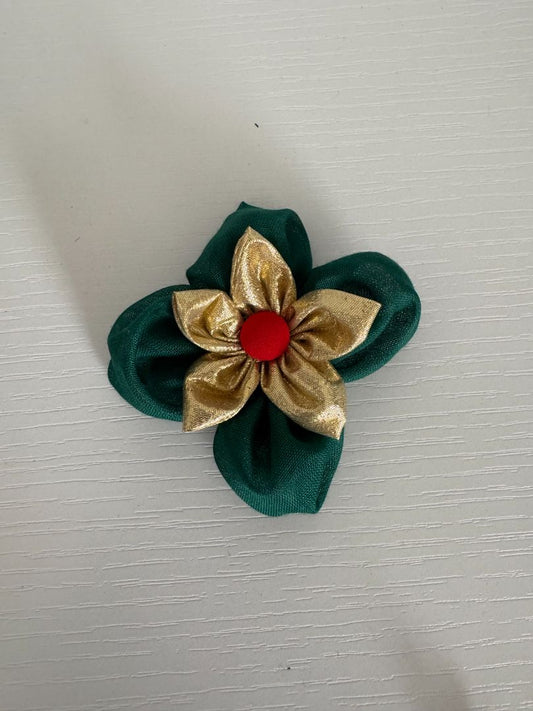 Green gold and red  Upcycled Flower Hair Clip, 3"