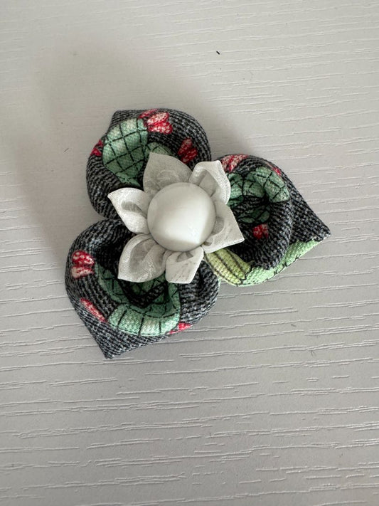 Gray, lime green, white and coral  Upcycled Flower Hair Clip, 2 3/4"