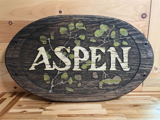 Dark Stain Wood, White, Green  Handmade Sign "Aspen", 18" (t) x 31" (w)