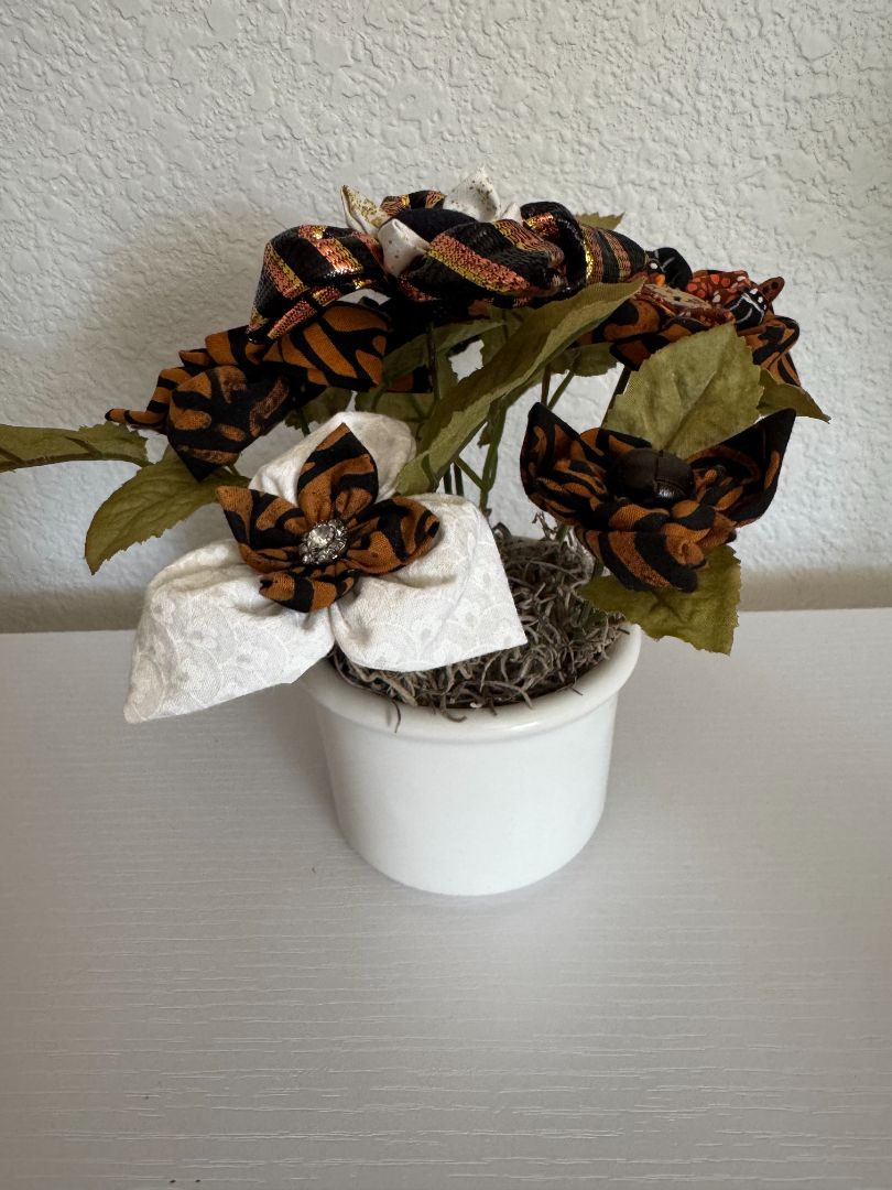 White, brown and black  Upcycled hand made flower bouquets, 7" high x 7" wide