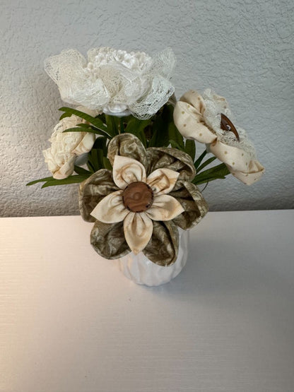 White, cream, brown  Upcycled hand made flower bouquets, 8" high x 7" wide