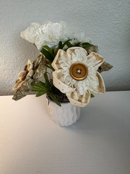White, cream, brown  Upcycled hand made flower bouquets, 8" high x 7" wide