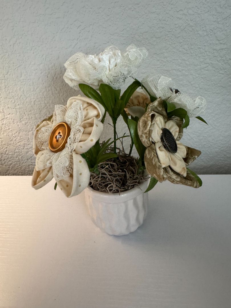 White, cream, brown  Upcycled hand made flower bouquets, 8" high x 7" wide