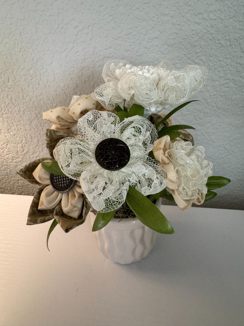 White, cream, brown  Upcycled hand made flower bouquets, 8" high x 7" wide