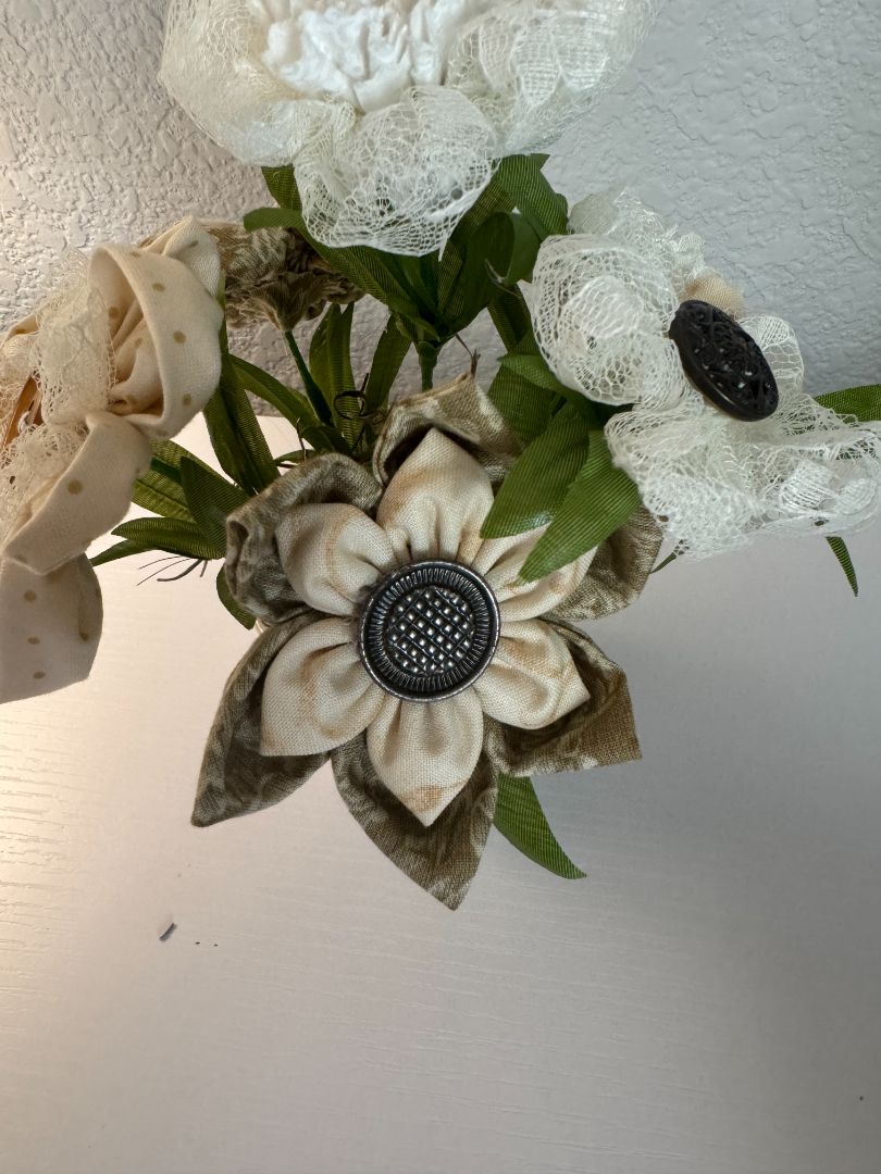 White, cream, brown  Upcycled hand made flower bouquets, 8" high x 7" wide