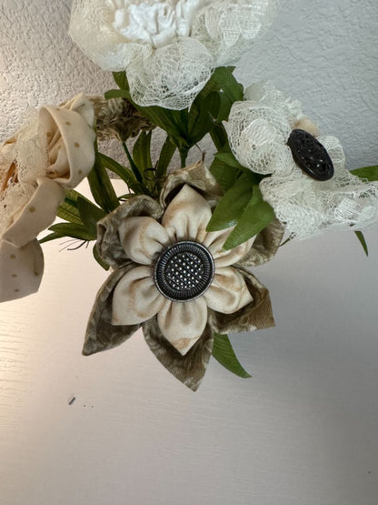 White, cream, brown  Upcycled hand made flower bouquets, 8" high x 7" wide