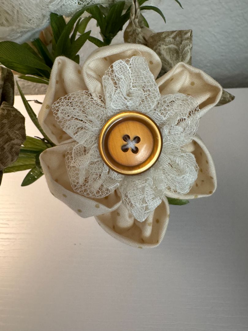 White, cream, brown  Upcycled hand made flower bouquets, 8" high x 7" wide