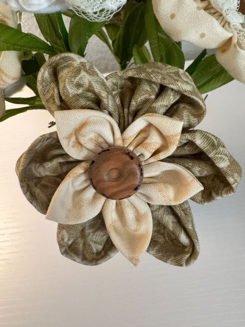 White, cream, brown  Upcycled hand made flower bouquets, 8" high x 7" wide