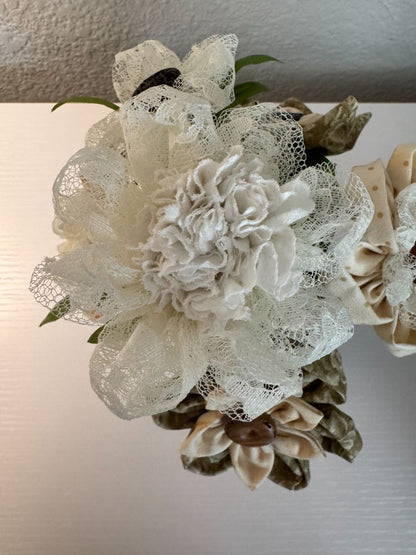 White, cream, brown  Upcycled hand made flower bouquets, 8" high x 7" wide
