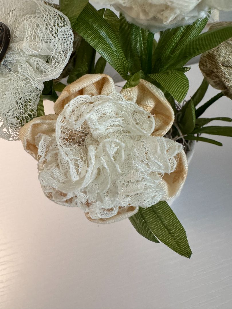 White, cream, brown  Upcycled hand made flower bouquets, 8" high x 7" wide
