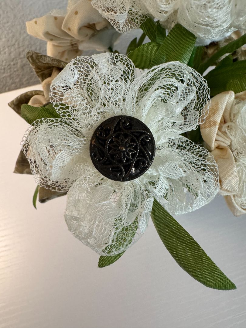 White, cream, brown  Upcycled hand made flower bouquets, 8" high x 7" wide