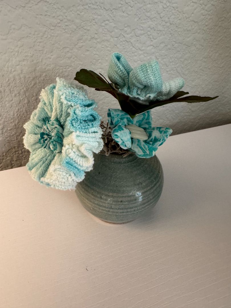 White and light aqua  Upcycled hand made flower bouquets, 5" high x 4" wide