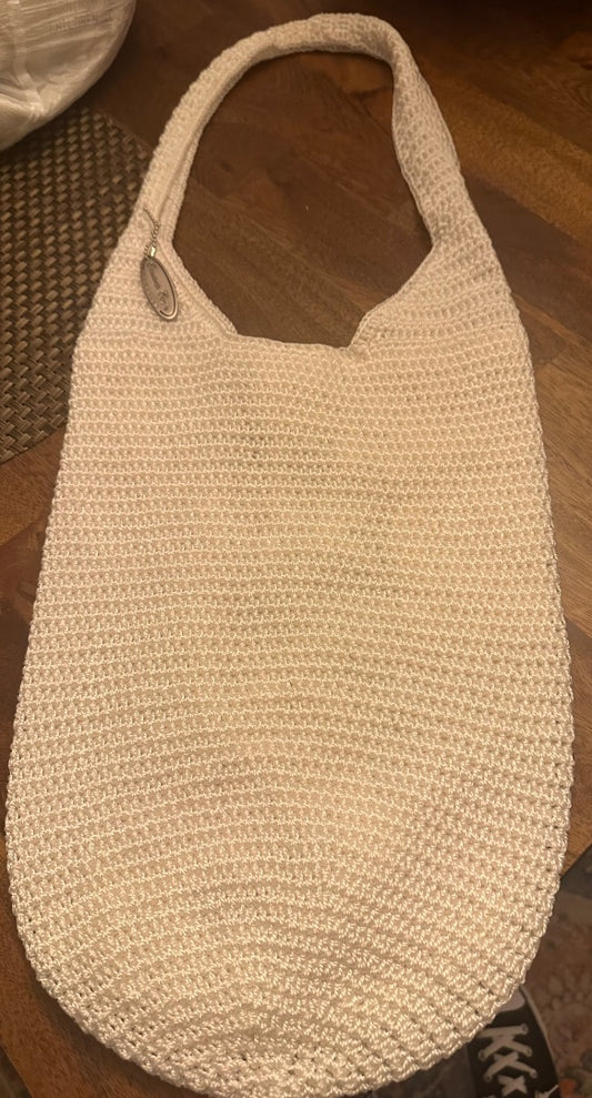 White knitted bag, long handle shoulder strap