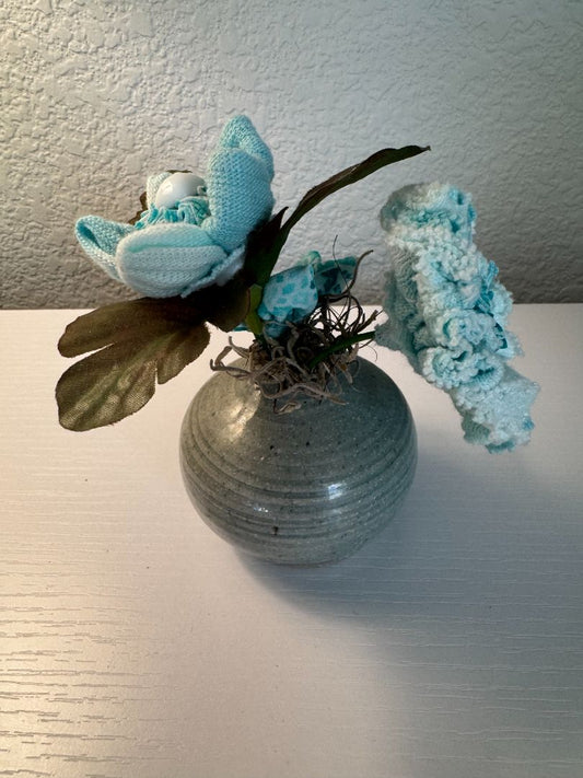 White and light aqua  Upcycled hand made flower bouquets, 5" high x 4" wide
