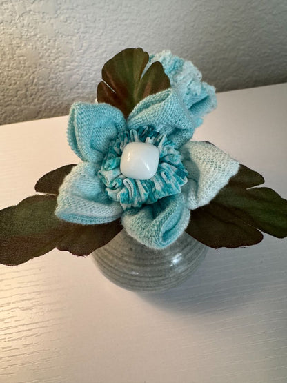 White and light aqua  Upcycled hand made flower bouquets, 5" high x 4" wide