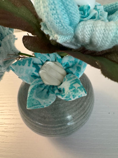White and light aqua  Upcycled hand made flower bouquets, 5" high x 4" wide