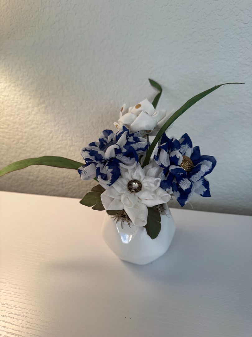 Blue, white, off white and gold  Upcycled hand made flower bouquets