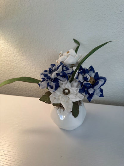 Blue, white, off white and gold  Upcycled hand made flower bouquets