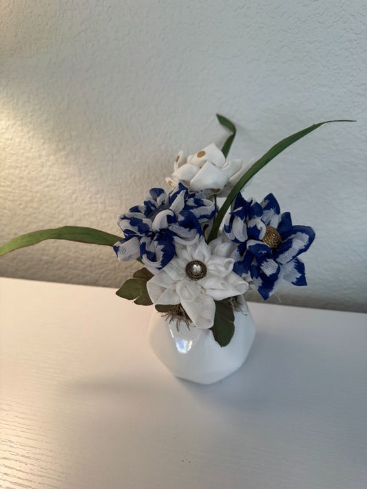 Blue, white, off white and gold  Upcycled hand made flower bouquets