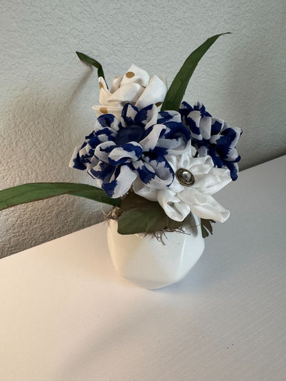 Blue, white, off white and gold  Upcycled hand made flower bouquets