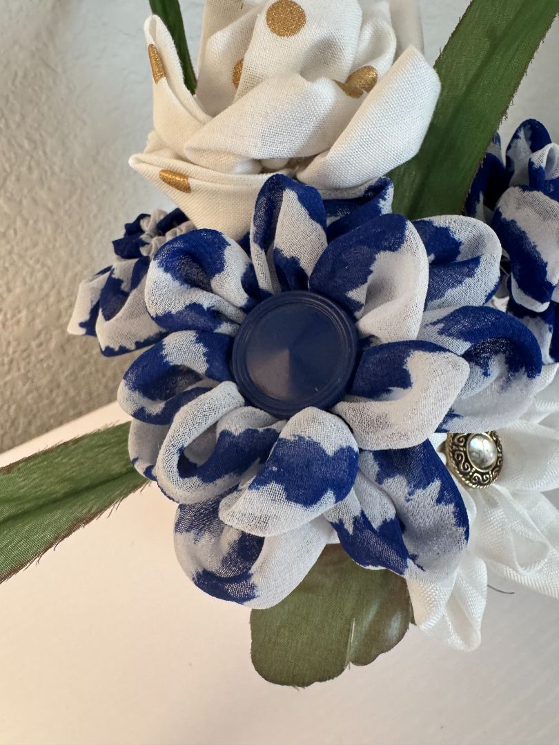 Blue, white, off white and gold  Upcycled hand made flower bouquets