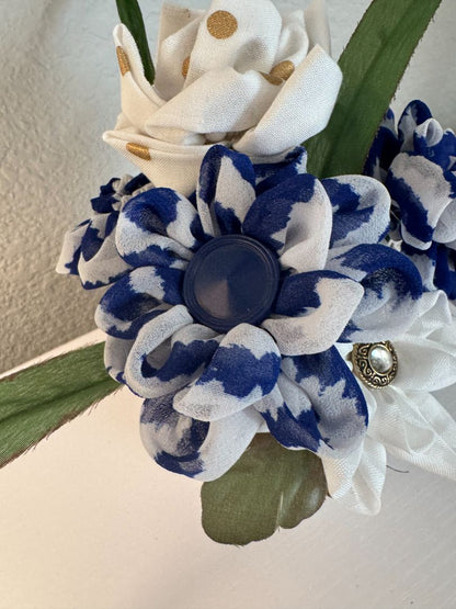 Blue, white, off white and gold  Upcycled hand made flower bouquets