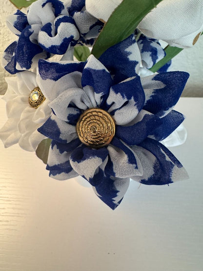 Blue, white, off white and gold  Upcycled hand made flower bouquets