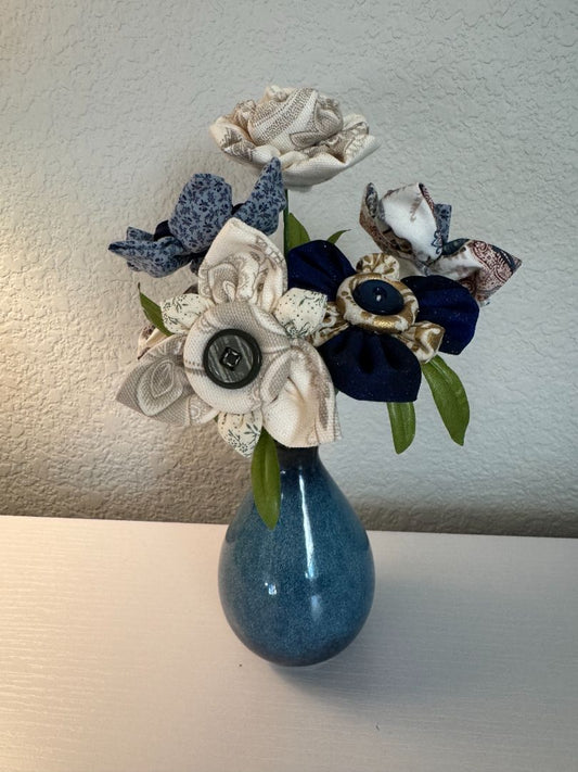 Blue, gold, tan and off white  Upcycled hand made flower bouquets, 10" high x 67" wide