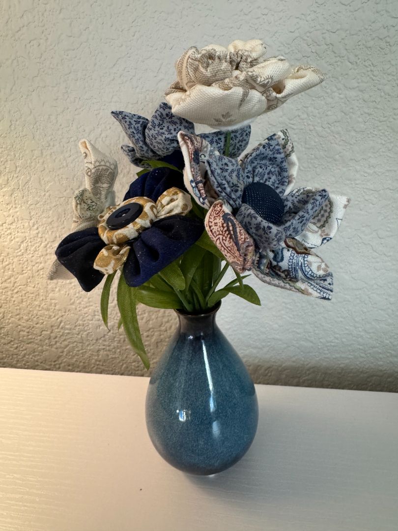 Blue, gold, tan and off white  Upcycled hand made flower bouquets, 10" high x 67" wide
