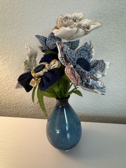Blue, gold, tan and off white  Upcycled hand made flower bouquets, 10" high x 67" wide