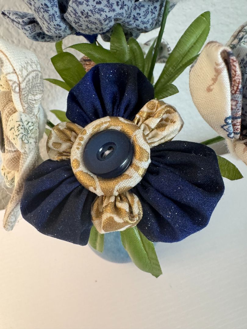 Blue, gold, tan and off white  Upcycled hand made flower bouquets, 10" high x 67" wide