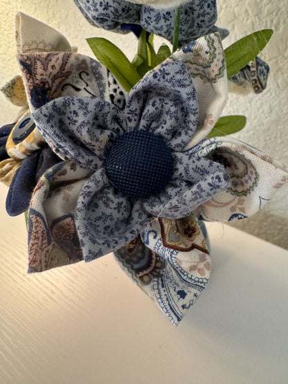 Blue, gold, tan and off white  Upcycled hand made flower bouquets, 10" high x 67" wide