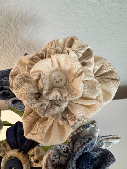 Blue, gold, tan and off white  Upcycled hand made flower bouquets, 10" high x 67" wide