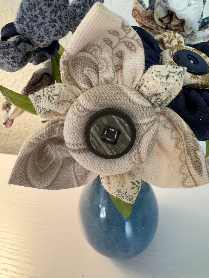 Blue, gold, tan and off white  Upcycled hand made flower bouquets, 10" high x 67" wide