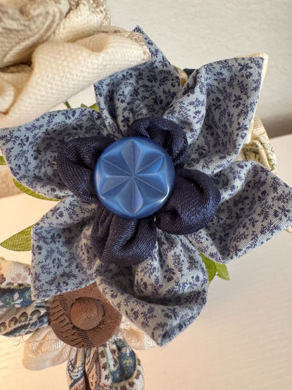 Blue, gold, tan and off white  Upcycled hand made flower bouquets, 10" high x 67" wide