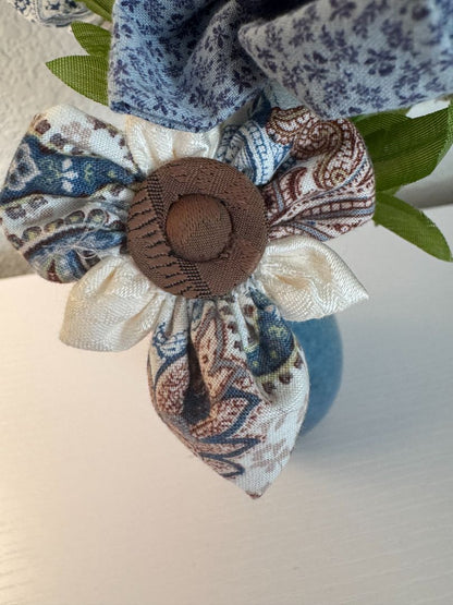 Blue, gold, tan and off white  Upcycled hand made flower bouquets, 10" high x 67" wide