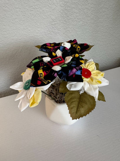 Yellow, white, blue, green, red and black  Upcycled hand made flower bouquets, 7" high x 7" wide