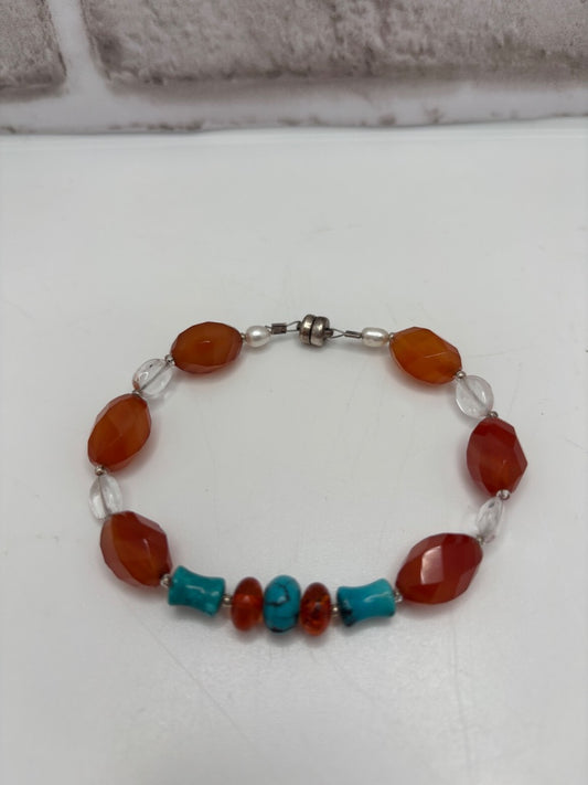 Bracelet - Faux Carnelian & Turquoise Beaded Bracelet Magnetic Clasp