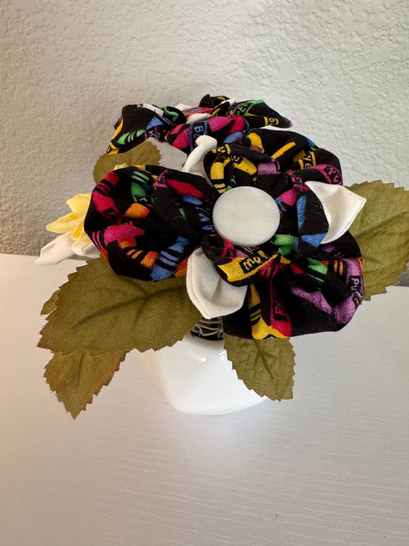Yellow, white, blue, green, red and black  Upcycled hand made flower bouquets, 7" high x 7" wide