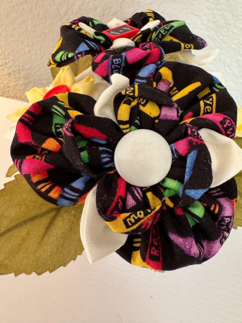 Yellow, white, blue, green, red and black  Upcycled hand made flower bouquets, 7" high x 7" wide