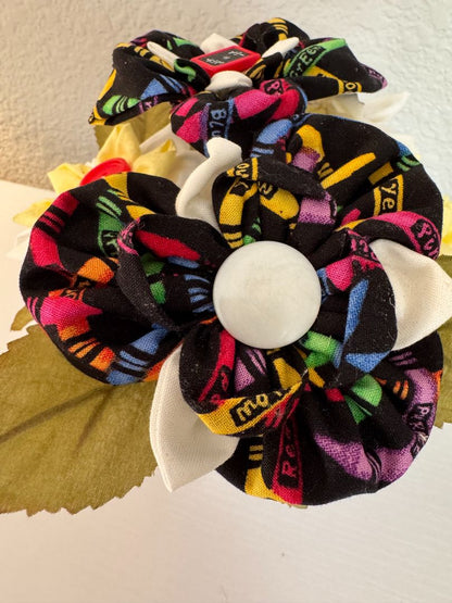Yellow, white, blue, green, red and black  Upcycled hand made flower bouquets, 7" high x 7" wide